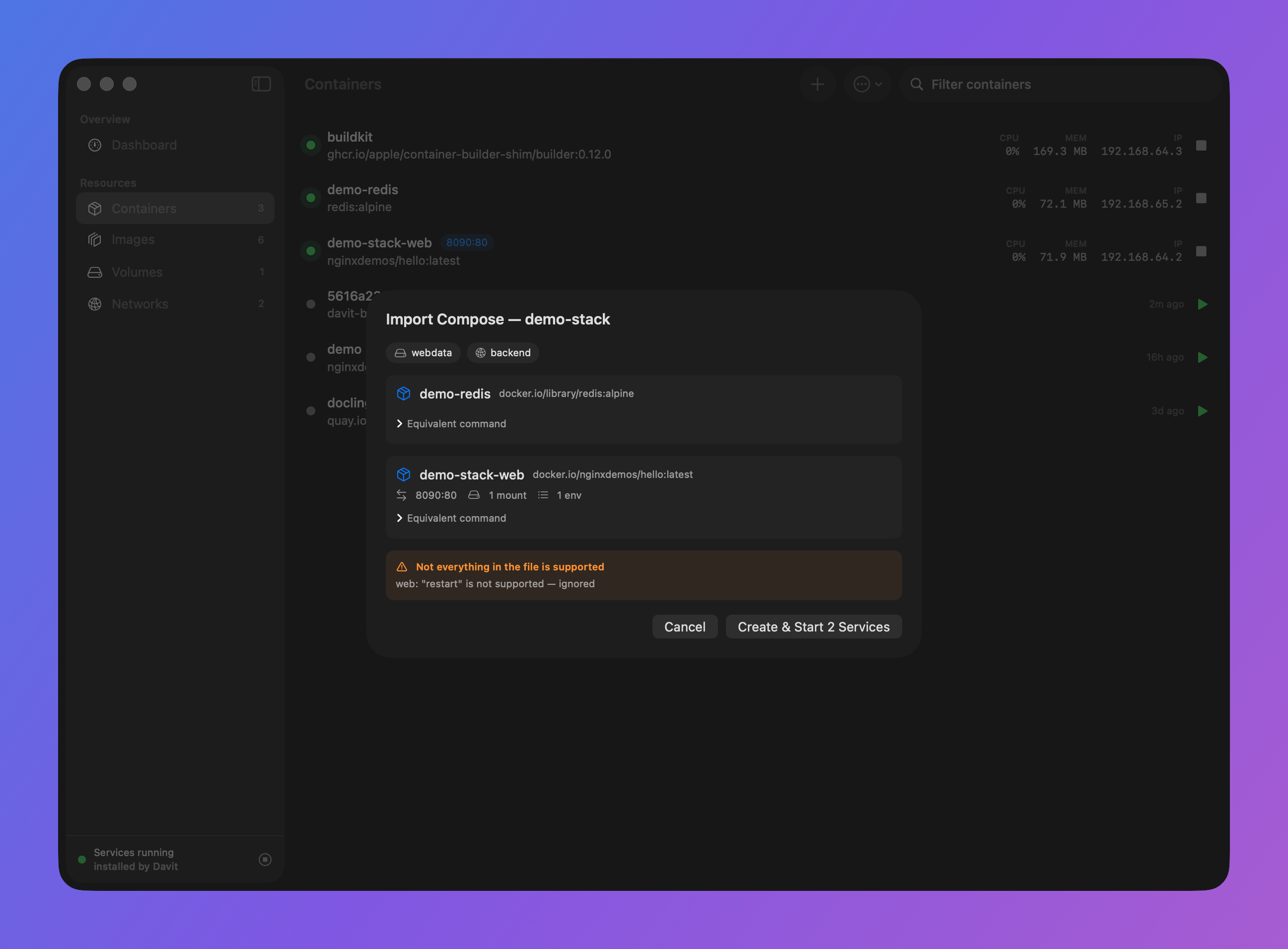 Compose import preview showing services, volumes, networks and warnings before starting the stack