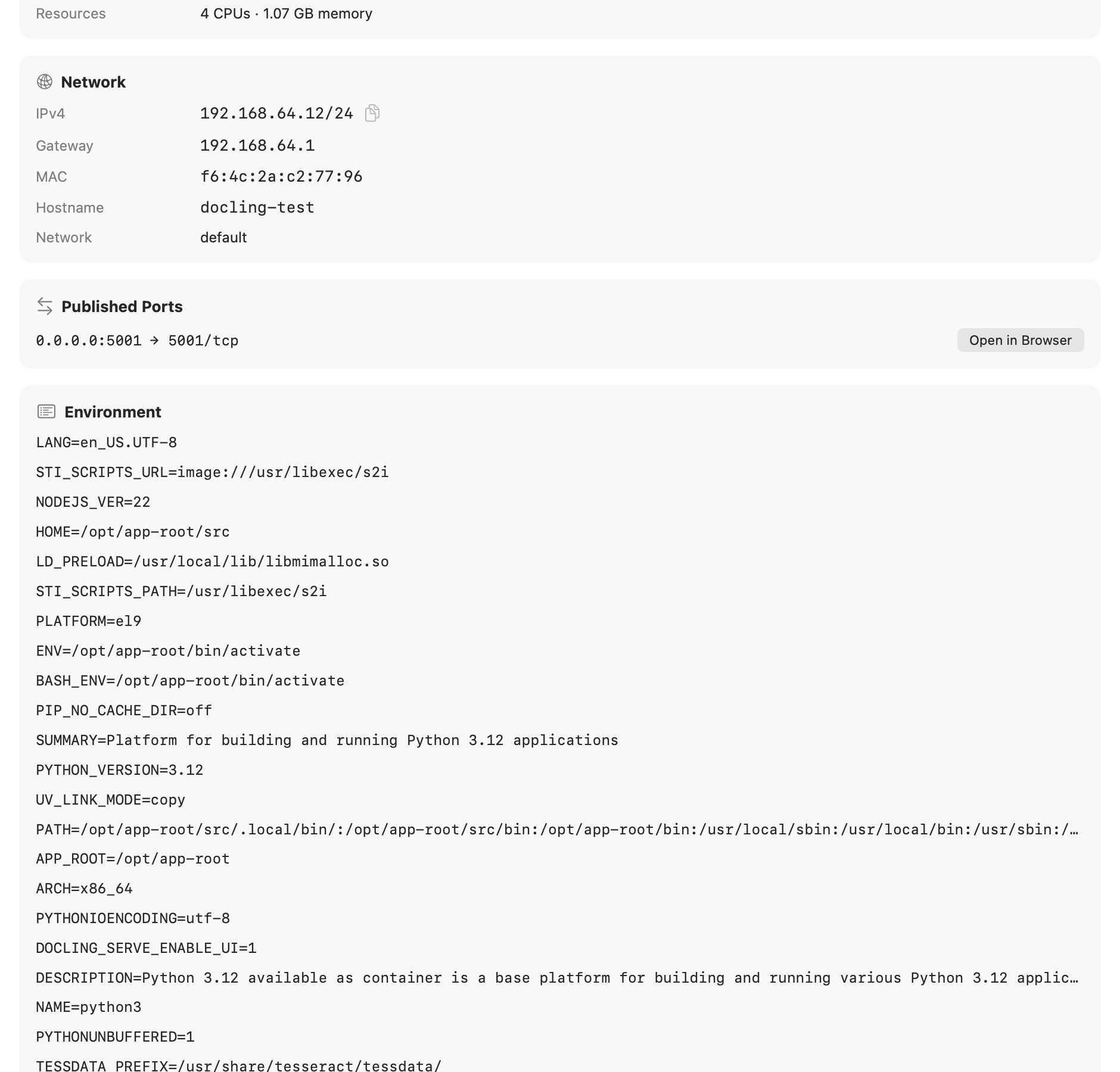 Container detail overview with network, ports, mounts and environment