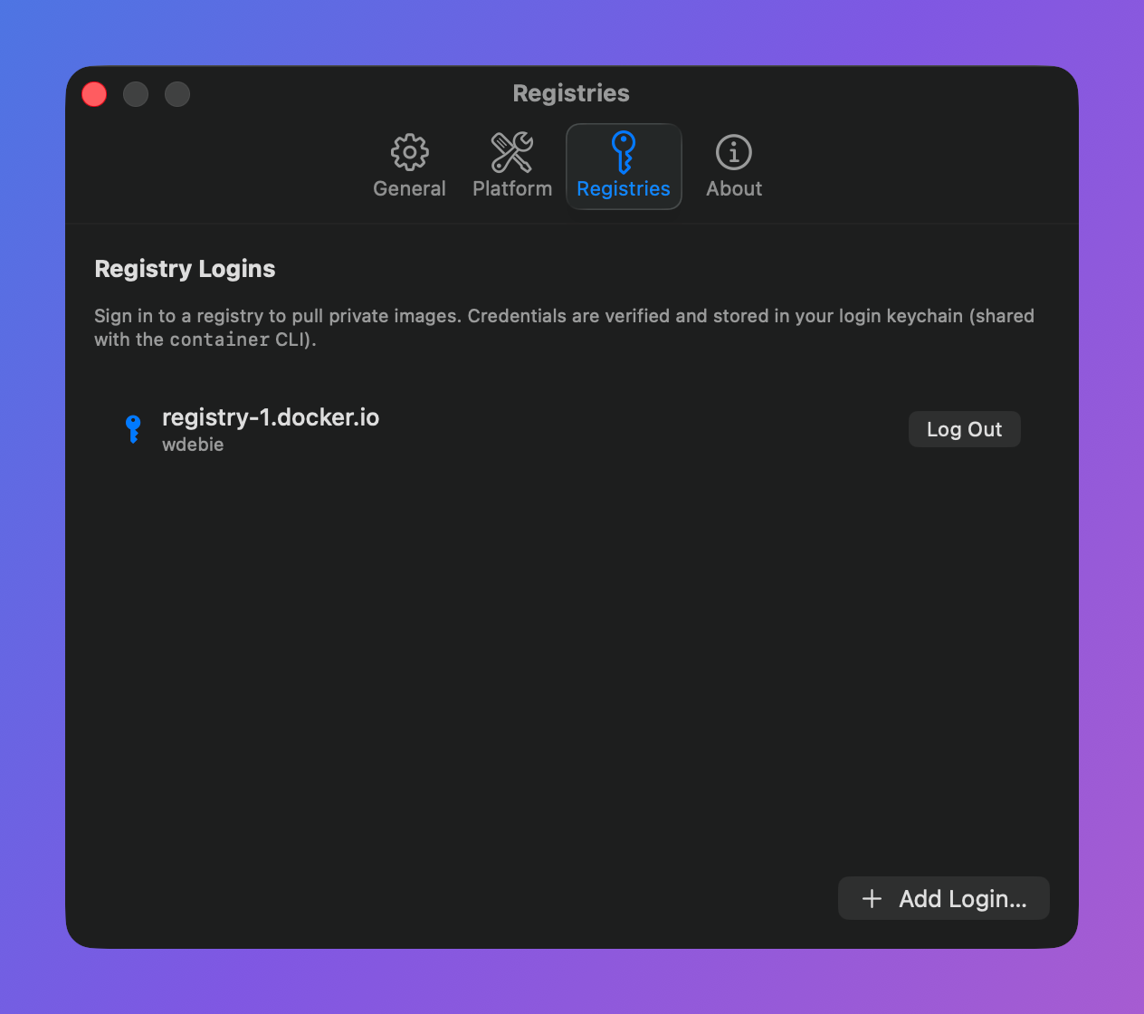 Registry logins in Settings, listing signed-in registries